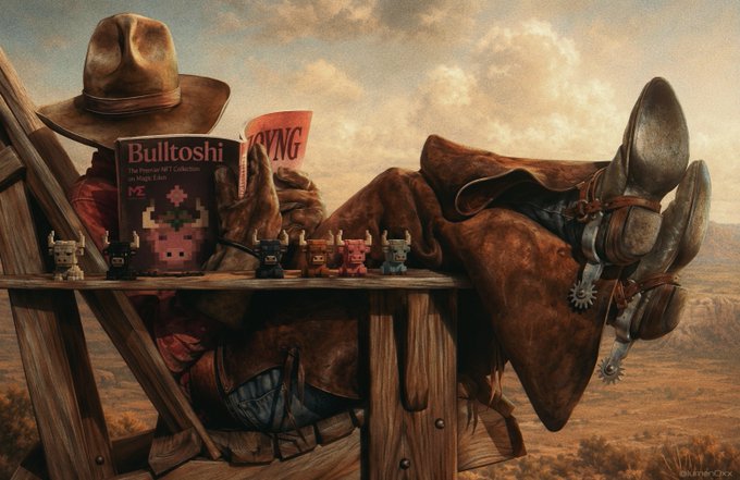 A stylized western-themed digital artwork featuring a figure in a cowboy hat reading a 'Bulltoshi' booklet, with small pixel-art dog figurines, a saddle, and chaps on a wooden table against a desert backdrop.