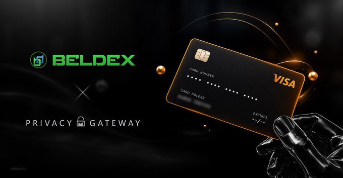 A promotional graphic displays the Beldex logo alongside 'PRIVACY GATEWAY' text and a Visa credit card held by a metallic hand.