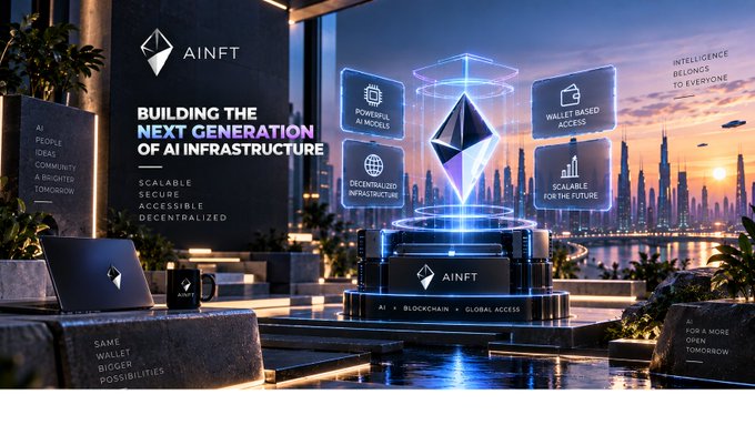 A promotional graphic for "AINFT" advertises "BUILDING THE NEXT GENERATION OF AI INFRASTRUCTURE" with features like scalability, security, and wallet-based access.