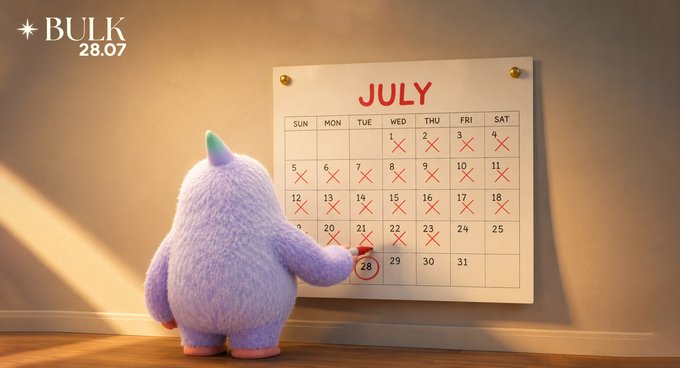 A fluffy purple yeti-like creature points at the circled date "28" on a July calendar mounted to a wall, with most other dates marked off in red X's. The image ties directly to the "BULK - 28.07" branding and the post's speculation that July 28 could mark the BULK Mainnet launch, visually highlighting the anticipated date.