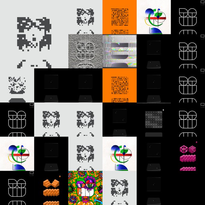 A collage of various digital art styles and 'BB' logo variations, featuring pixelated creatures, abstract patterns, colorful 3D designs, and repeated logo arrangements.