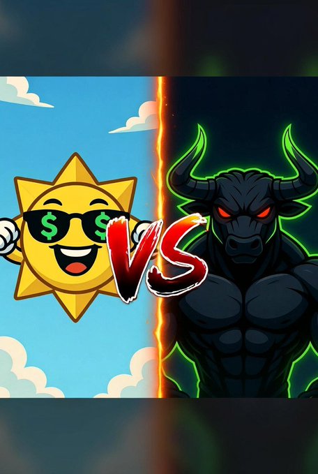 A split-screen cartoon depicts a cheerful, money-sign-sunglasses-wearing sun character facing off against a fierce, glowing-eyed black bull, separated by a fiery "VS" graphic. The image symbolizes a battle between bullish market optimism and bearish downturn, fitting the post's question about which cryptocurrency will reach $1 first.