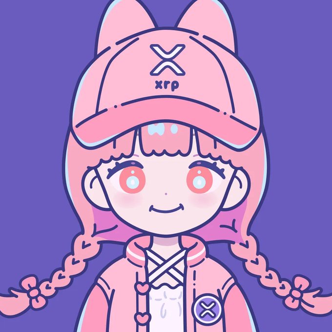A cute anime-style chibi illustration of a pink-haired girl wearing an XRP-branded cap and pink hoodie with an X logo button, set against a purple background.
