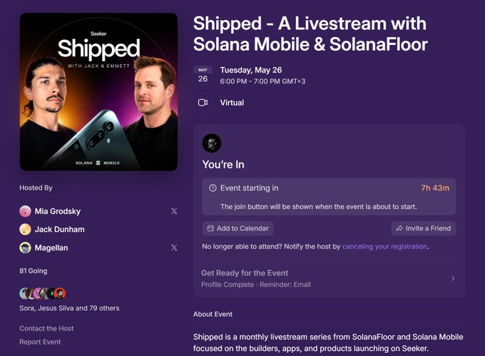 The image shows a purple background with white text that displays information about an event happening at SolanaFloor. The event is scheduled for May 26th, from 10am to 7pm, and it will be live streaming via Facebook Live. The event has been confirmed by Jack Dunn and is being hosted on the SolanaFloor app. There are also some other posts related to the event that can be found in the image.
