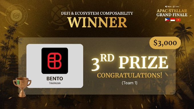 An award banner for the 'APAC STELLAR GRAND FINAL' showing 'BENTO' from Vietnam winning '3RD PRIZE' in the 'DEFI & ECOSYSTEM COMPOSABILITY WINNER' category, with a prize amount of $3,000.