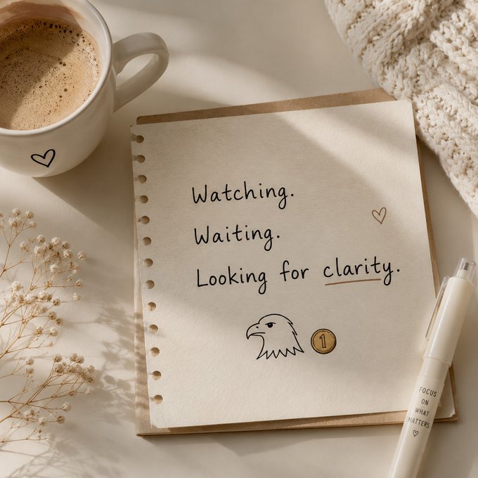 The image features a notebook with writing on it that says "watching waiting looking for clarity." The notebook appears to be open, and there are two pens placed next to it - one black pen and one white pen. Additionally, there are some flowers in the background, adding a touch of nature to the scene.
