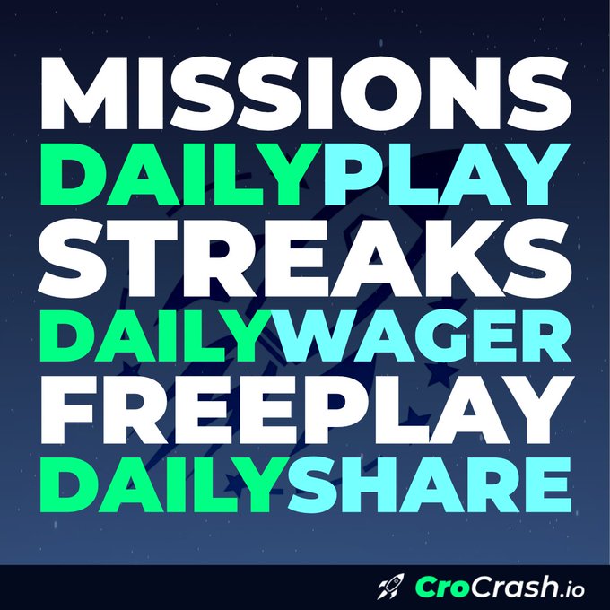 A promotional graphic displays the text 'MISSIONS DAILYPLAY STREAKS DAILYWAGER FREEPLAY DAILYSHARE' with 'CroCrash.io' branding at the bottom.
