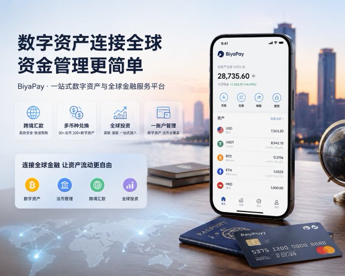 A promotional image for BiyaPay digital asset and global financial services platform, showing a smartphone displaying USDT balance of 28,735.60 with various cryptocurrency options (USD, USDT, BTC, ETH, HKD) and a Visa card.
