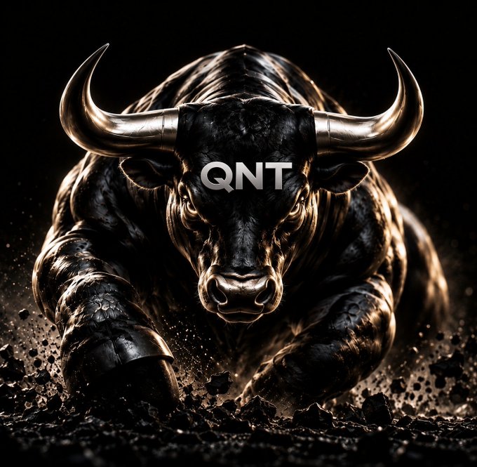 A fierce metallic bull charging forward with the text "QNT" on its forehead, symbolizing the Quant cryptocurrency.