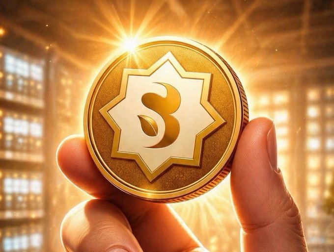 A close-up shows a hand holding a large golden coin featuring an 'S' logo inside a star-shaped emblem, with a glowing, bright background.
