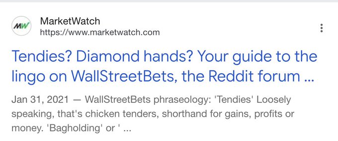 A MarketWatch search result titled "Tendies? Diamond hands? Your guide to the lingo on WallStreetBets..." provides definitions of WallStreetBets trading slang, such as "tendies" (slang for gains/profits) and "bagholding," relevant to the post's discussion of crypto meme trading culture and figures like PUMP being compared to the Reddit trading community.