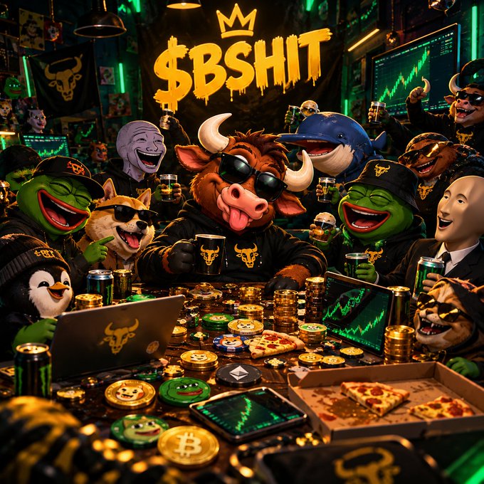 A vibrant digital illustration featuring various cartoon characters, including a bull wearing sunglasses and Pepe the Frog, gathered around a table covered in Bitcoin coins, drinks, and a laptop, with graffiti reading "$BSHIT" and a crown on the wall.