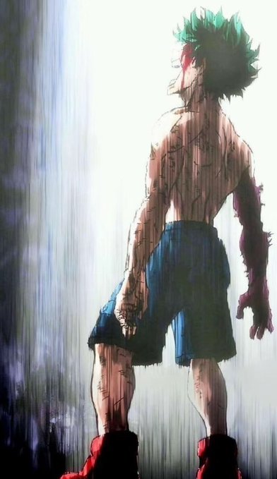 An anime illustration of a green-haired male character with a heavily scarred and battle-damaged body, wearing blue shorts and red boots, with a bloodied left arm, standing against a rainy gray background.