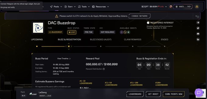 A screenshot of a cryptocurrency website showing a 'DAC Buzzdrop' page with a reward pool of 666,666.67 / 100,000 and a countdown timer, along with a notification to switch to ETH network.