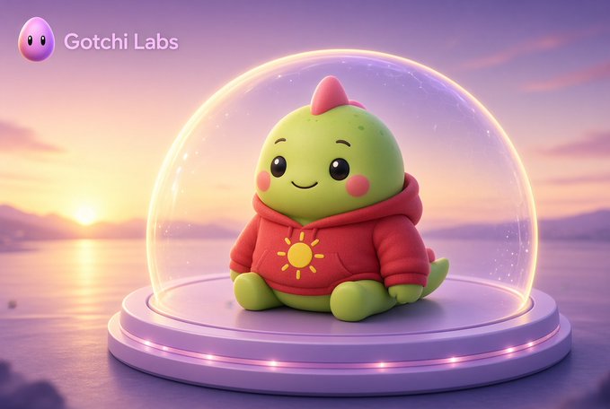 A cute green cartoon dinosaur-like character wearing a red hoodie with a sun design, sitting inside a glass dome on a podium with a sunset background, branded as 'Gotchi Labs'.