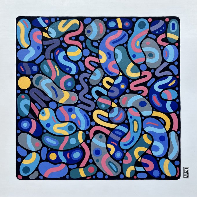 A vibrant abstract artwork featuring interlocking amoeba-like shapes in blues, pinks, yellows, and grays fills the square composition, with a small "DCK" logo visible in the bottom right corner. The piece, titled "Odyssey," is part of a 19/20 edition NFT drop priced at 0.017 ETH, pairing Homer's meditation on mortality with a swirling, cellular visual that mirrors life's transient beauty.