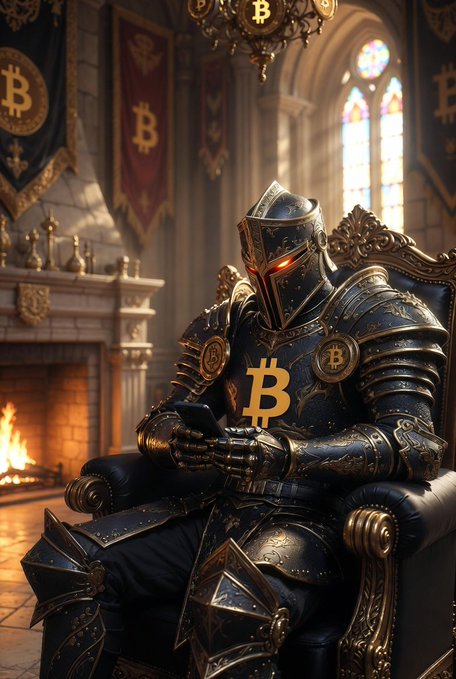 A knight in armor adorned with Bitcoin logos sits regally on a throne, checking his phone by the fireplace. The image plays on the "Knights" greeting and the Bitcoin ($BTC, $MSTR) tickers from the post.