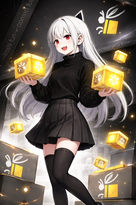 An anime-style illustration of a white-haired girl with red eyes wearing a black turtleneck and pleated skirt, holding glowing yellow gift boxes, surrounded by floating gift boxes with gift icons.