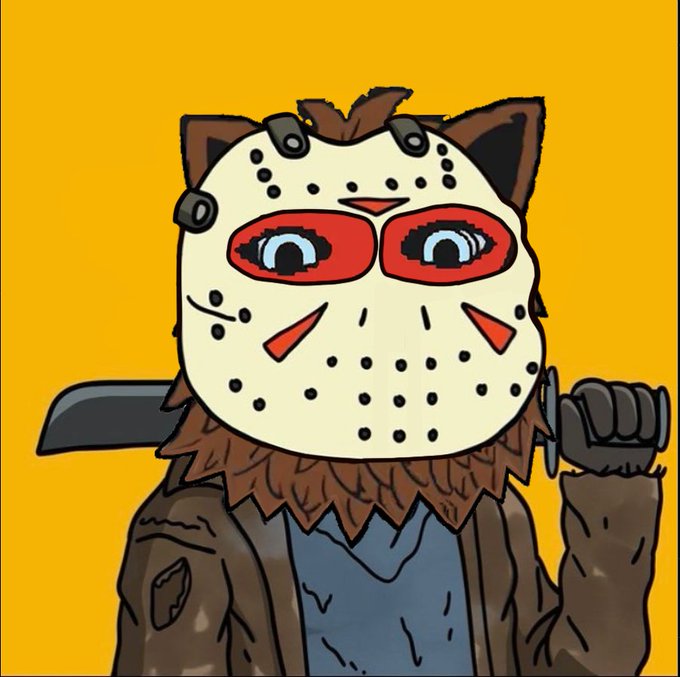 A cartoon illustration of a character wearing a white hockey mask (resembling Jason Voorhees) with cat ears attached, holding a dark blade against a solid yellow background.