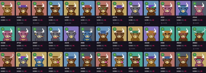 The image displays a grid of 36 unique pixel-art bull NFTs, each labeled with a number and some featuring "SOL PE" minting price text, representing the Bulltoshi NFT collection that has reportedly reached a new all-time high floor price of 0.5 SOL according to the accompanying post.