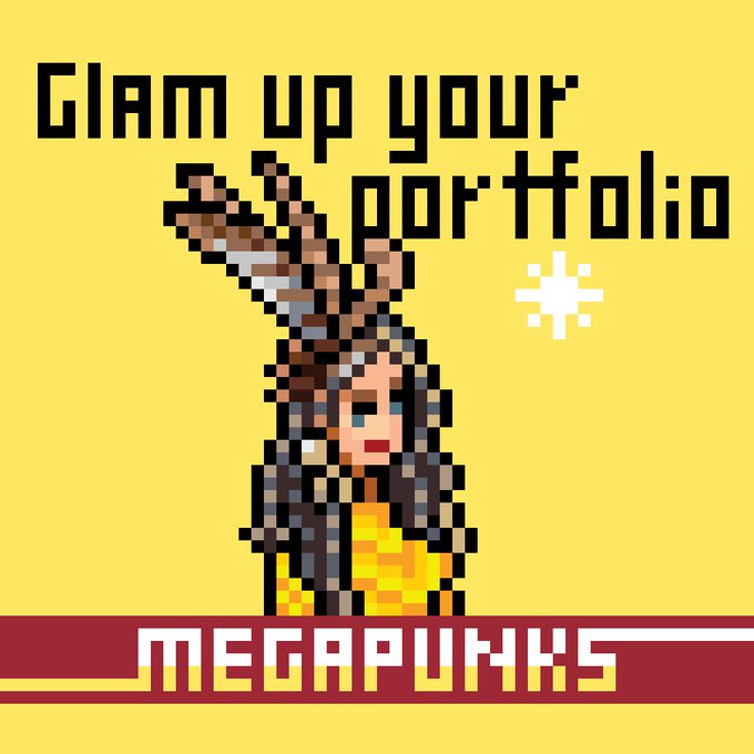 Pixel art illustration on a yellow background featuring a hooded character, text reading 'Glam up your portfolio' and 'MEGAPUMXHS' at the bottom.