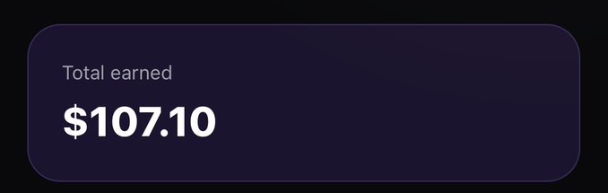 A dark purple dashboard card displays "Total earned" with a value of **$107.10** in bold white text, illustrating the poster's milestone of crossing into three-figure earnings ($100+) from Deestar's campaign and setting a goal to reach four figures next.