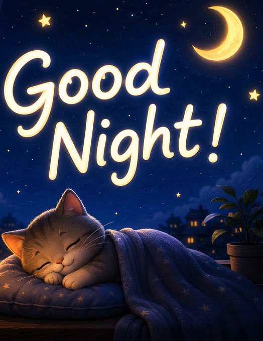 An illustration of a sleeping kitten wrapped in a blue blanket on a pillow, set against a starry night sky with a crescent moon and the text 'Good Night!'.