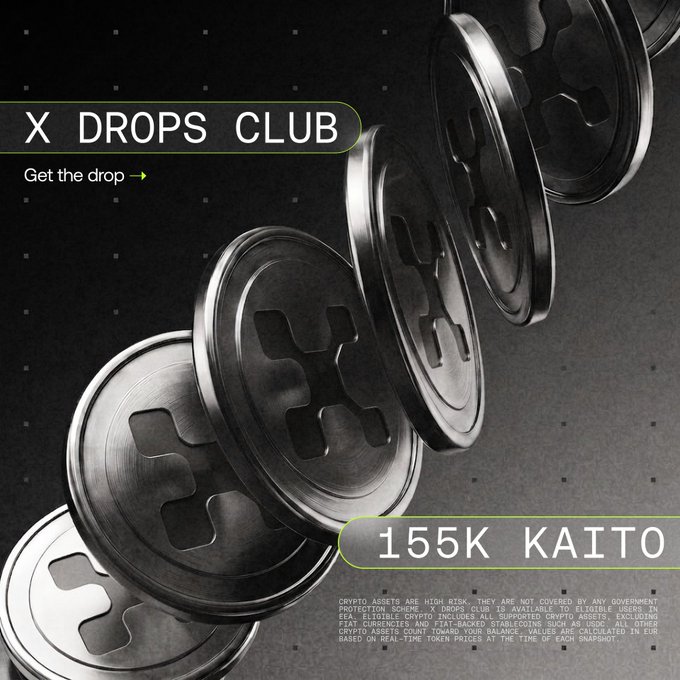 The image is a promotional graphic for "X DROPS CLUB," featuring metallic tokens with an X-shaped logo, displaying "155K KAITO" and a "Get the drop" call-to-action, advertising the new $KAITO rewards campaign for OKX users holding eligible crypto assets in the EEA.