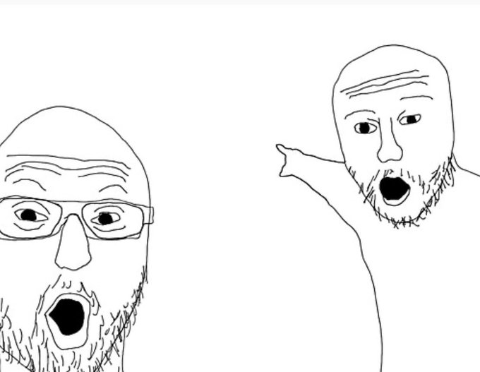 Black and white line drawings of two bald men with beards, one wearing glasses and one pointing, both with shocked expressions.