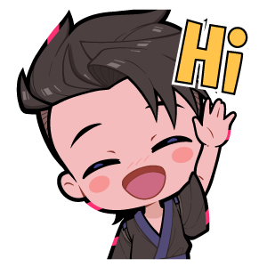 A chibi-style cartoon character with black hair waving with a big smile, accompanied by a 'Hi' speech bubble on a black background.