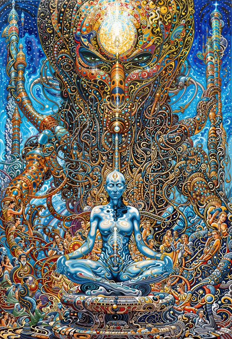 A vibrant, psychedelic artwork featuring a blue-skinned meditating figure surrounded by intricate, swirling patterns, with a large, ornate, tribal-style face or mask looming above it against a starry blue background.