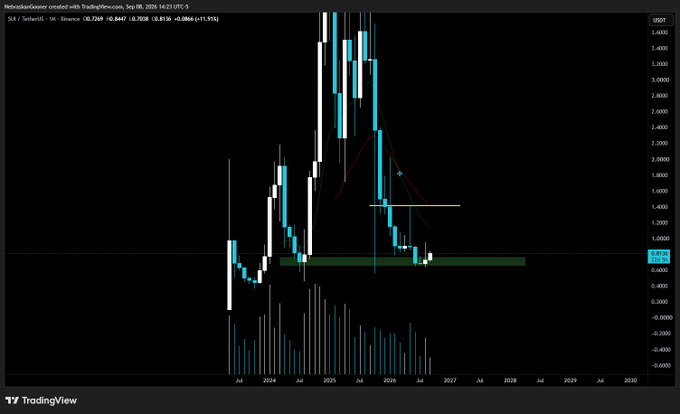 A TradingView candlestick chart for the SLF/USDT pair on the Sei network shows a massive price spike followed by a sharp decline toward zero, with a yellow horizontal support line drawn.