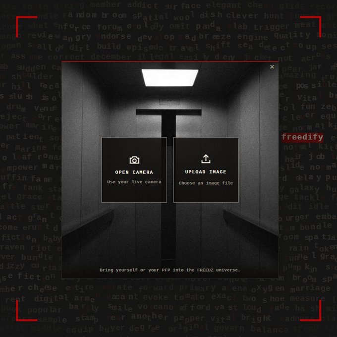 A FREEDZ-themed upload interface framed by red corner markers offers “OPEN CAMERA” and “UPLOAD IMAGE,” with the prompt “Bring yourself or your FP7 into the FREEDZ universe.”