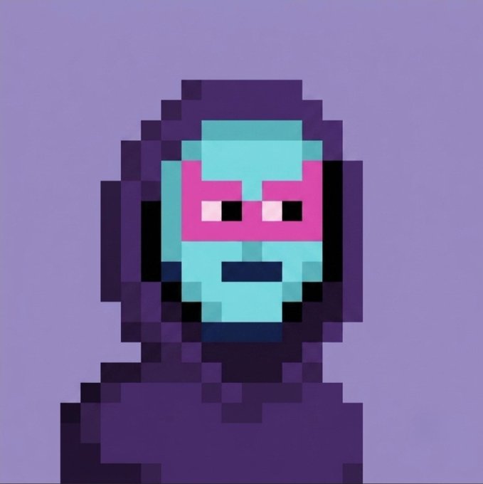 Pixel art portrait of a hooded figure wearing a teal and pink mask with two dark eye slits, set against a purple background.