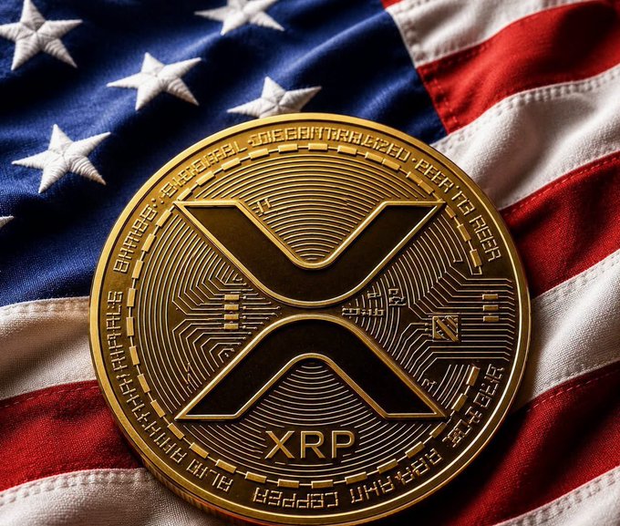 A gold XRP cryptocurrency coin rests on an American flag backdrop, visually reinforcing the post's bullish message about Ripple CEO Brad Garlinghouse's claim that $5 is not the ceiling for XRP given the $300 trillion global payments opportunity ahead.
