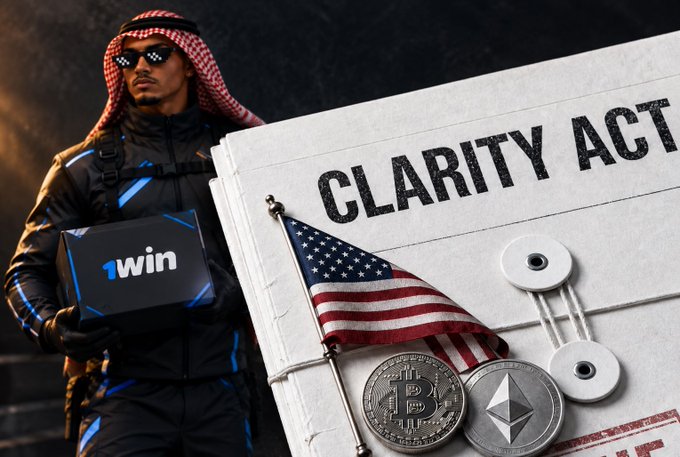 A figure in Arab headdress and tactical gear holds a "1win" branded box next to a document labeled "CLARITY ACT," accompanied by an American flag and physical representations of Bitcoin and Ethereum coins, visually tying the 1win Token to the ongoing U.S. crypto regulatory landscape.