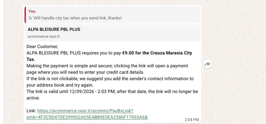 The image shows a Slack message thread where a user notes they'll handle a city tax when sending a link, followed by an automated email from ALPA BLEISURE PBL PLUS (ecommerce.nexi.it) requesting €9.00 for the Creuza Maresia City Tax, with a payment link valid until 12/09/2026. The image illustrates the vacation rental tax notice mentioned in the accompanying post, showing exactly the "one-off bill" the user describes using AI tools to pay.