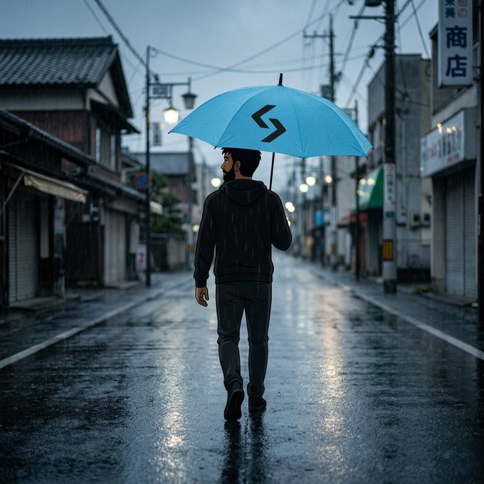 An anime-style illustration depicts a man walking down a rainy Japanese street holding a blue umbrella with a stylized 'S' logo.