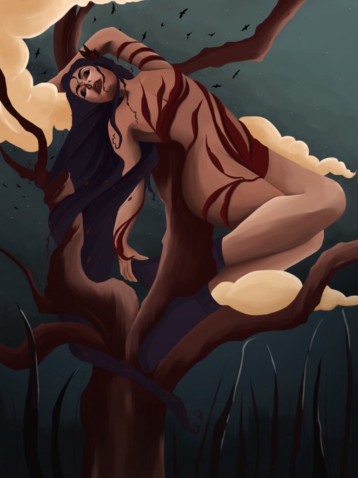 The image features a woman with long hair, dressed in a red and black striped outfit, sitting on top of a tree branch. She appears to be posing for the photo while wearing her attire. The background of the image consists of clouds against a dark blue sky, creating an atmospheric setting. The post that accompanies this image reads "QT Your Tezos Art". This suggests that the woman in the picture is part of a larger artistic project or series, possibly related to the concept of time travel depicted by the artist's interpretation of the woman on the tree branch.