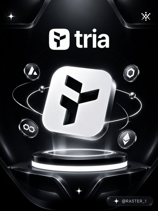 The image features a poster for a cryptocurrency called Tria. The poster has a black background, white text, and a white square logo with a "Y" inside of it. Below the logo, there are several coins displayed, including Bitcoin, Ripple, and Ethereum. The text on the poster reads "Bridges are a scam You pay fees, wait Forever, and pray it works @useTria Eliminated all of that with BestPath AVS One click".