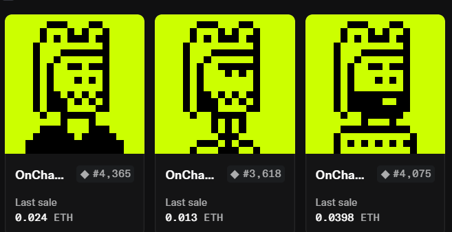Three pixel-art CryptoPunk-style avatars on neon green backgrounds, displayed as NFTs with prices listed in ETH (#4,365, #3,618, #4,075) and last sale prices shown below.