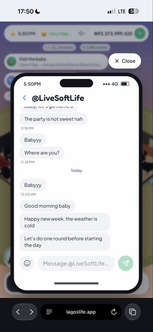 A screenshot of an X (Twitter) conversation with @LiveSoftLife showing flirtatious messages exchanged on a Tuesday night into Wednesday morning, where someone initially says "The party is not sweet nah" but then sends "Good morning baby" and "Happy new week." The image humorously illustrates the post about Lagos party and dating culture, capturing how quickly the mood shifted from disappointment to romantic interest within hours.