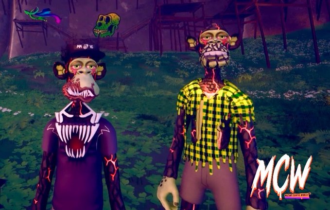 A video game screenshot (MCW) showing two creepy monkey characters with glowing red eyes and cracked skin, one wearing a black 'MCW' shirt and the other a yellow plaid shirt, standing in a dark, eerie environment with a small green skull floating above.