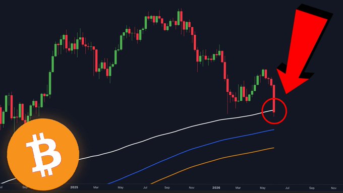 The image shows a graph of Bitcoin's historical price data, which includes a downward trend with the Bitcoin value decreasing over time. A red arrow points towards this negative trend line, indicating that the Bitcoin price is falling, possibly showing a downward market movement. The context suggests that it might be a visual representation of recent events or trends in the cryptocurrency world, as indicated by the post.