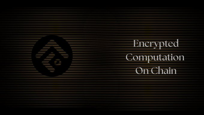 The image displays a dark background with a stylized logo on the left and the text "Encrypted Computation On Chain" in white serif font on the right. This caption aligns with the post's discussion of FlutonIO's approach, emphasizing that blockchain privacy extends beyond merely concealing wallet addresses or transaction history to include on-chain encrypted computation.
