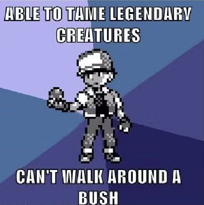 A Pokémon trainer sprite stands against a starburst background, captioned "ABLE TO TAME LEGENDARY CREATURES" above and "CAN'T WALK AROUND A BUSH" below, humorously highlighting a common Pokémon frustration. The image relates to the post by poking fun at a Pokémon player who is actively engaged with the game—tweeting daily for years about Pokémon ENS—yet still can't navigate the most basic in-game obstacle, the infamous "invisible wall" bushes.