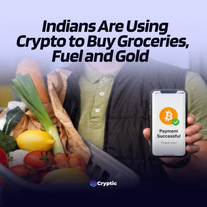 A person holds a basket of fresh groceries in one hand while displaying a smartphone showing a "Payment Successful" screen with the Bitcoin logo and green checkmark, illustrating the headline "Indians Are Using Crypto to Buy Groceries, Fuel and Gold." The "Cryptic" logo appears at the bottom, visually reinforcing how crypto is being integrated into everyday spending like grocery purchases in India.