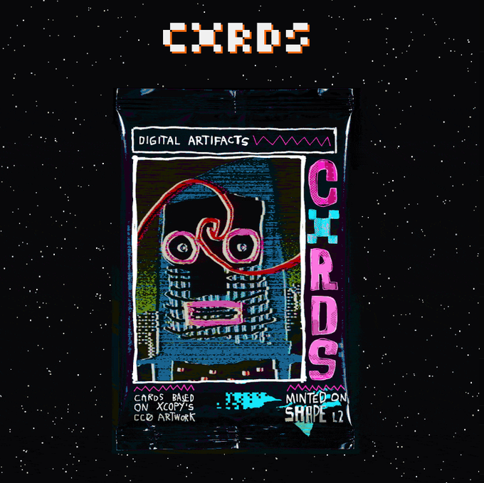 A digital trading card pack labeled "CXRD5" featuring "Digital Artifacts" with a distinctive pink and blue glitch-art monster design based on XCOPY's artwork, with text indicating the cards are "Minted on Stripe L2" and tied to edition sizes of 251. The image directly showcases the CXRD collection of reimagined XCOPY artwork cards that the user received, matching the post's excitement about opening the packs.