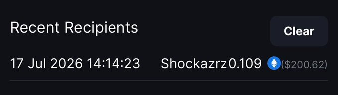 A dark-themed "Recent Recipients" panel displays a transaction confirmation showing $200.62 sent to user "Shockazrz0.109" (with an Ethereum icon) on 17 Jul 2026 at 14:14:23, with a "Clear" button in the top right—visually confirming the $200 payment mentioned in the caption.