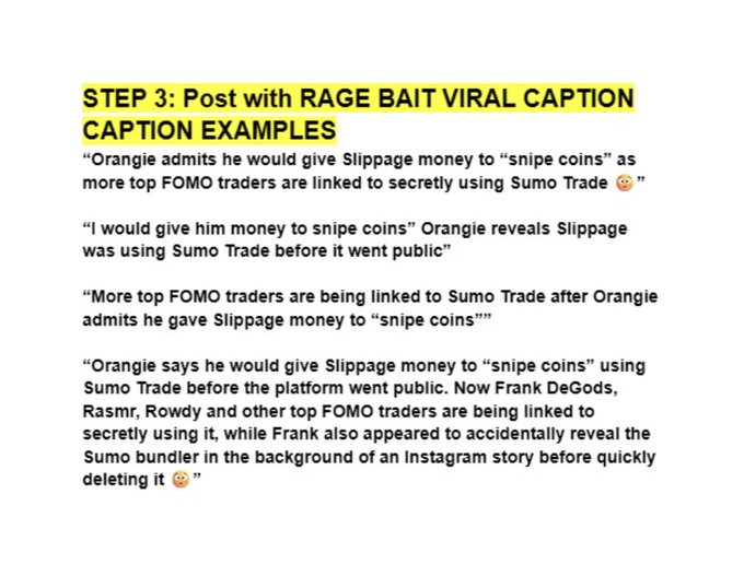 The image shows a screenshot labeled "STEP 3: Post with RAGE BAIT VIRAL CAPTION" containing four provocative caption examples about crypto influencers (Orange, Slippage, Frank DeGods, Rasmr, Rowdy) and Sumo Trade, with sensationalized claims about secret coin sniping. The accompanying post criticizes a clipping agency for distributing these rage-bait captions to clippers, highlighting unethical tactics designed to generate controversy and engagement around crypto personalities.